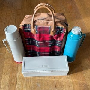 Vintage red plaid thermos & picnic set